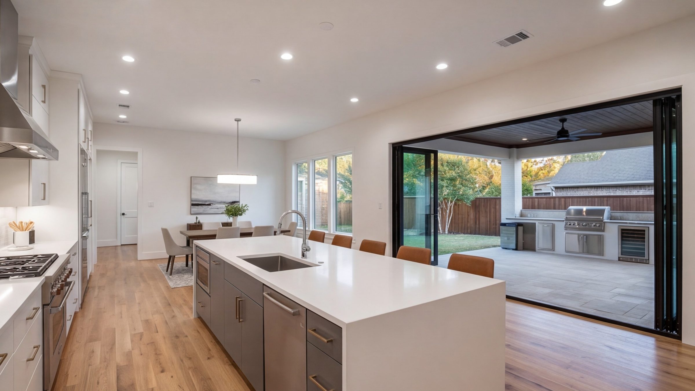 Modern kitchen with a long island opening onto a covered patio in late light