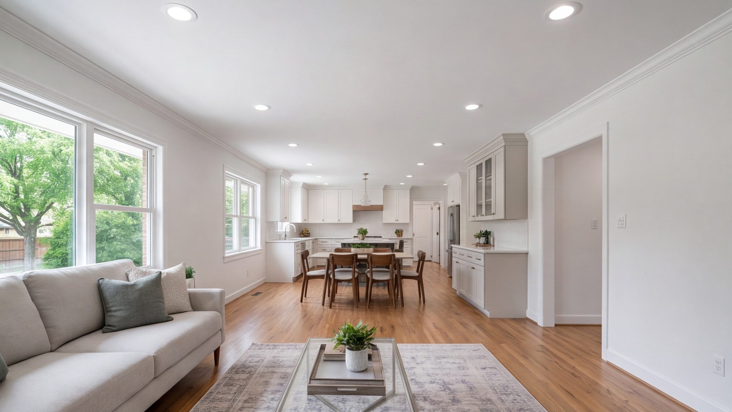 Wide view through a remodeled single-story Dallas house, living room into dining and kitchen