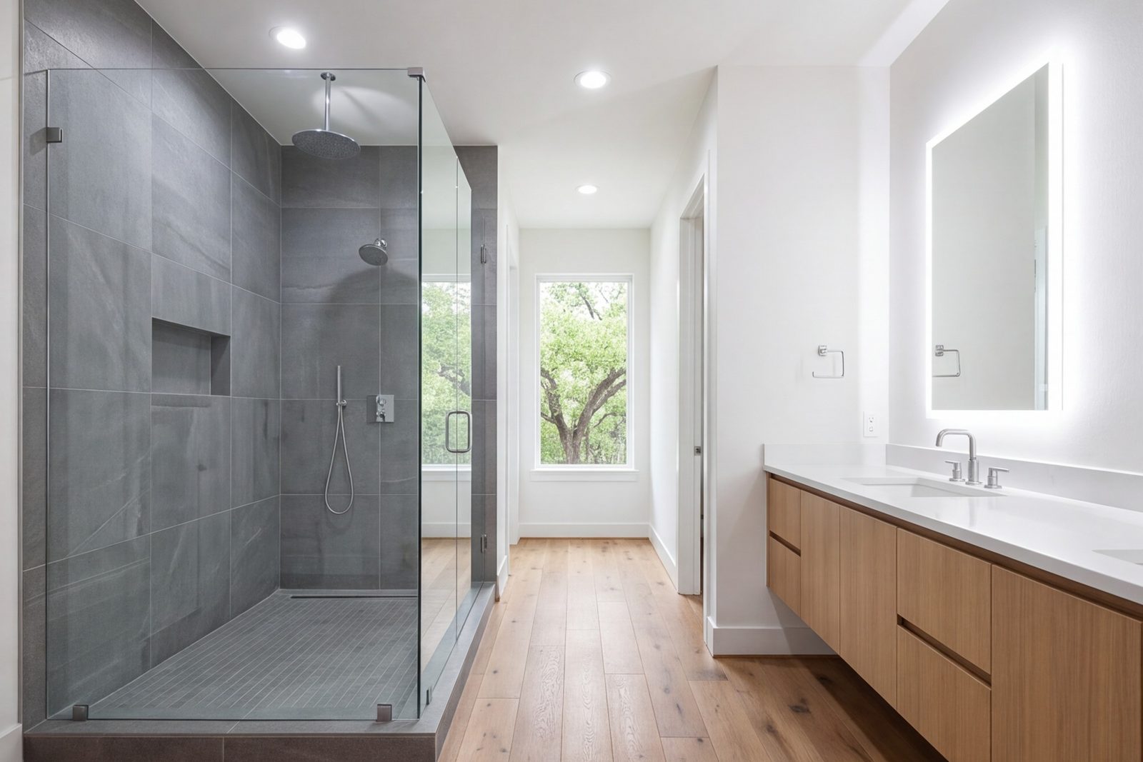 Oak Lawn hall bathroom with a glass walk-in shower and large-format tile