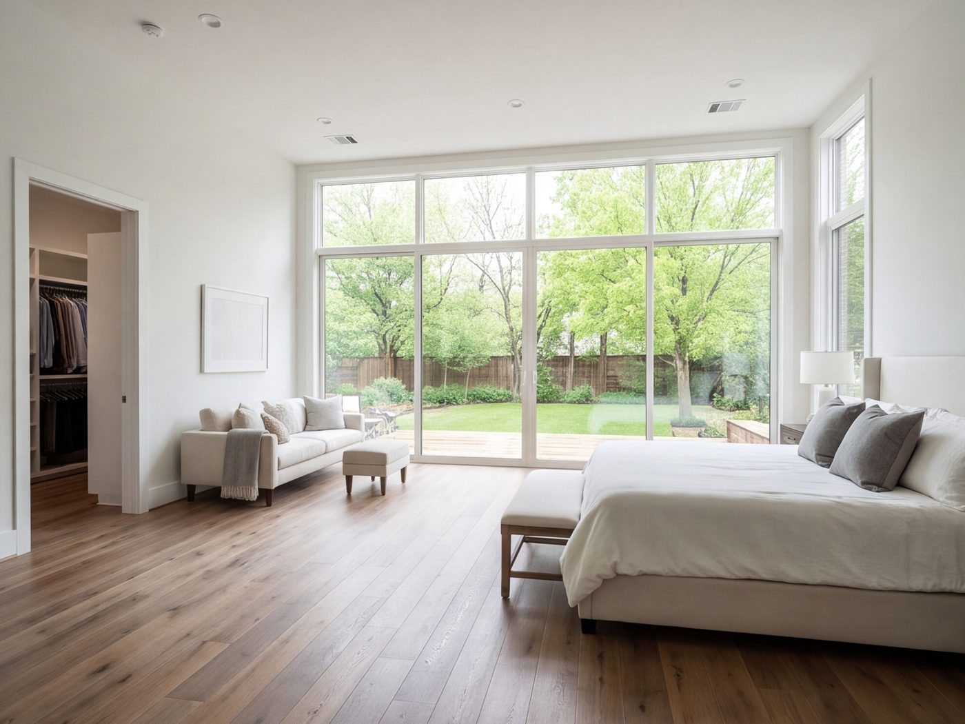 New primary suite addition with tall windows opening to the back yard